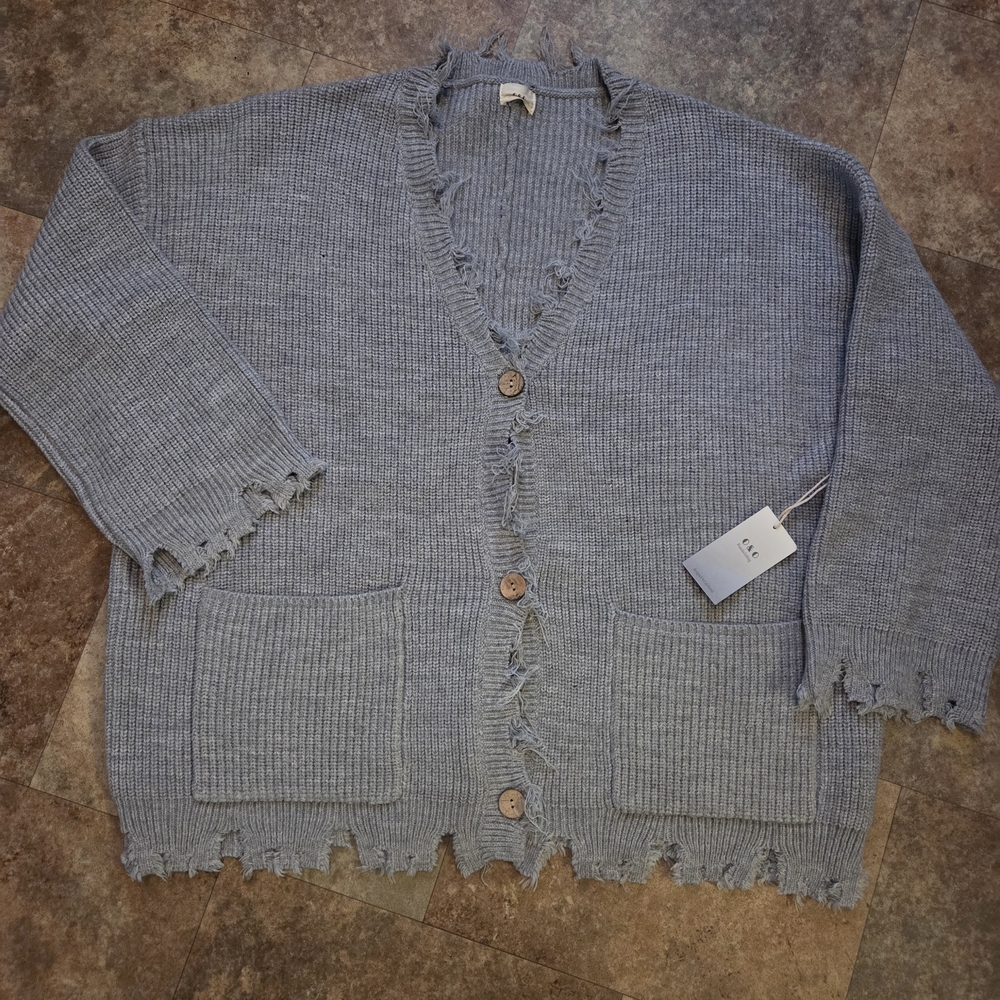 Gray Frayed Hem Cardigan
